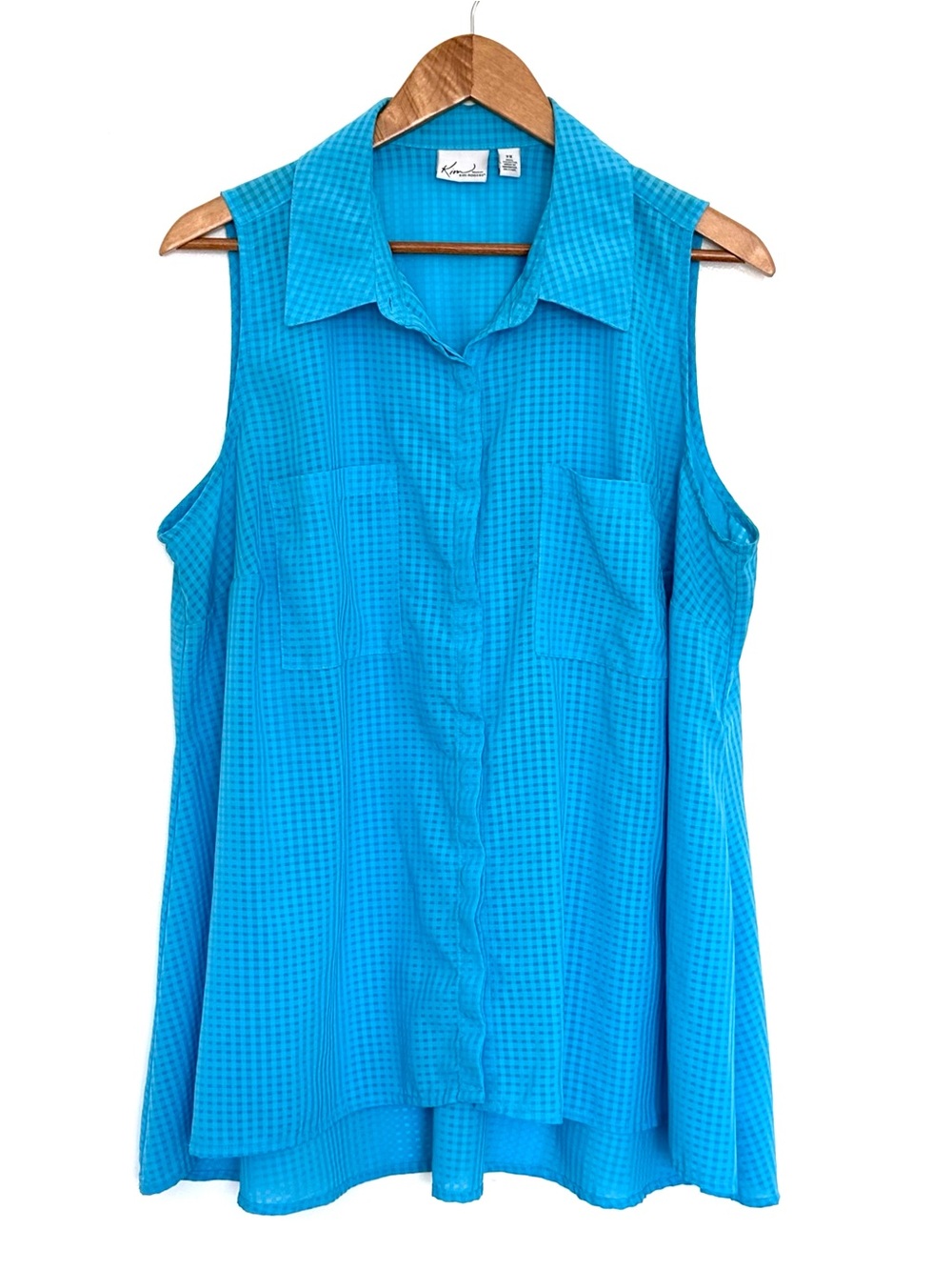 Kim Rogers Plus Shirt Women’s 2X Blue Plaid Sleeveless Button Down Sheer Pockets